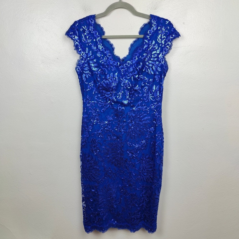 Tadashi Shoji Dress Womens 4 Royal Blue Sequin Lace V-Neck‎ Cap Sleeve Glam - Picture 2 of 9
